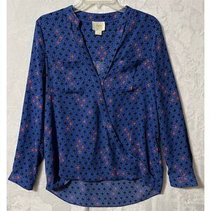 Maeve Anthropologie Eva Blouse Womens Size 4 Blue Floral Faux Wrap Hi-Low